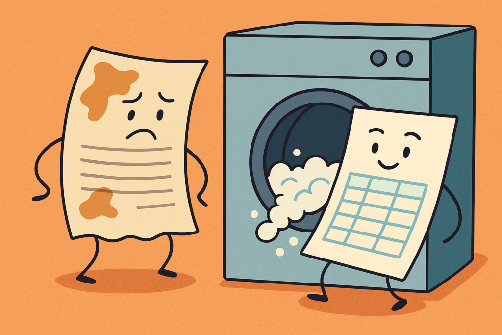 A spreadsheet being cleaned in a washing machine, symbolising the best CRM for cleaning businesses.