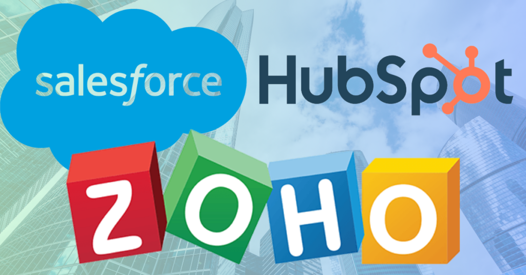 Logos of Salesforce, HubSpot, and Zoho CRM on a skyscraper background, representing CRM tools comparison.